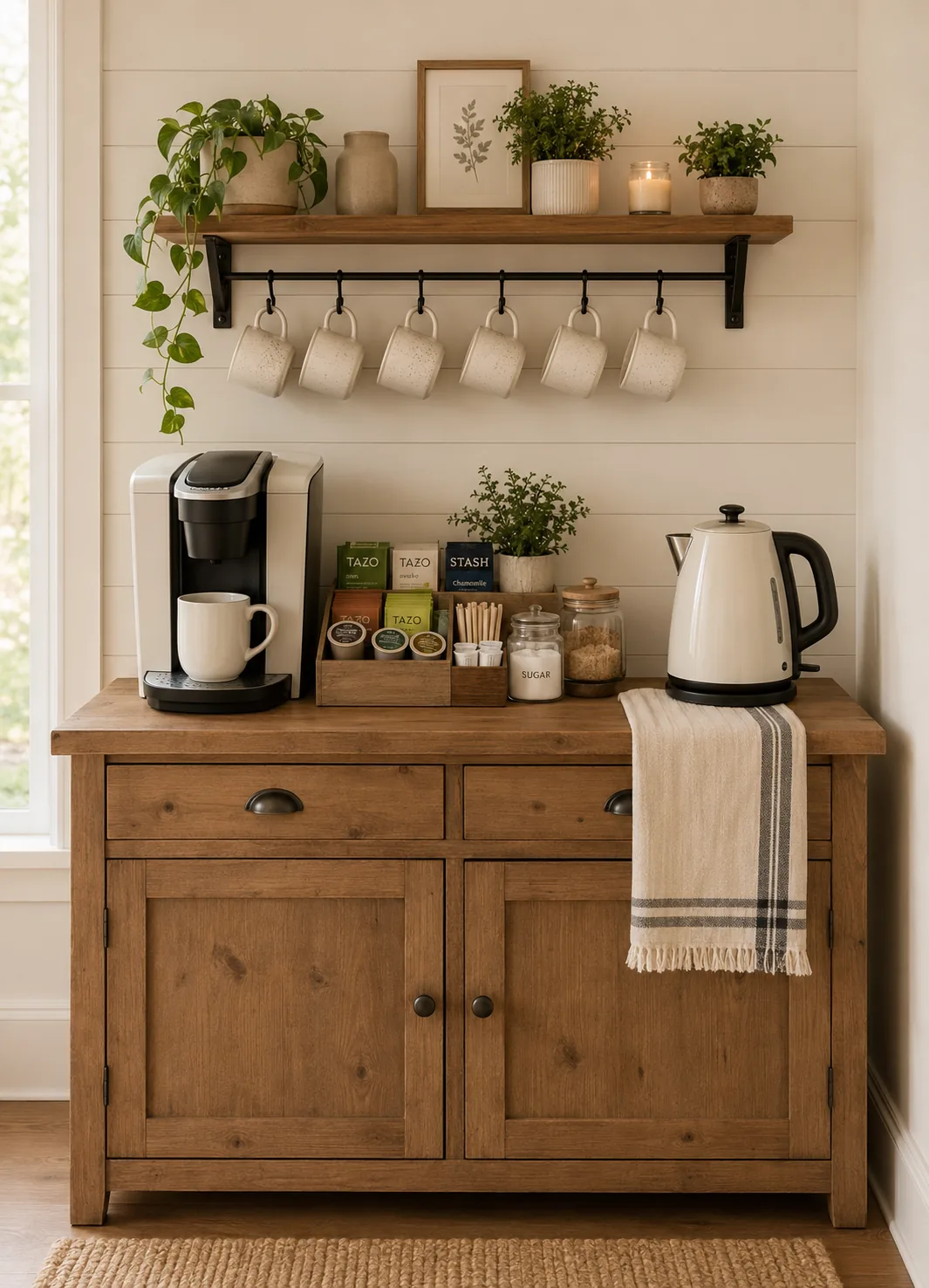 An organized coffee station with mugs, coffee, tea, and an electric kettle together